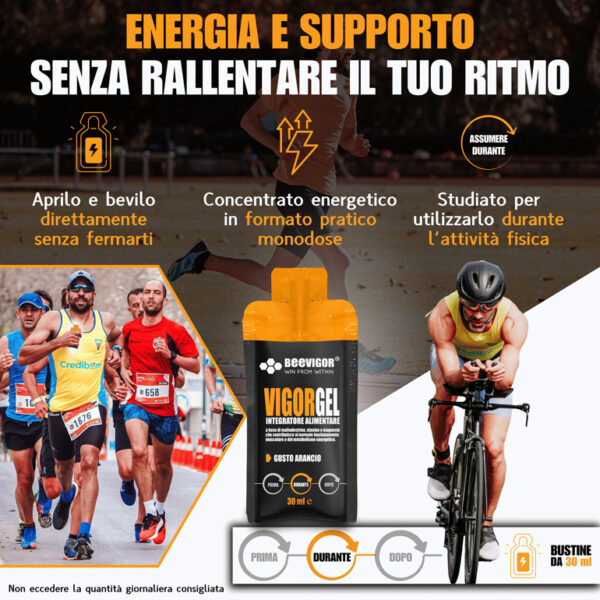 BEEVIGOR Gel gusto Arancio - confezione da 24 pz bustine Monodose da 30 ml - Integratore gel per Sport di Endurance con Maltodestrine, Alanina e Magnesio - Made in Italy - Supporta Metabolismo Energetico e Funzione Muscolare - immagine 4
