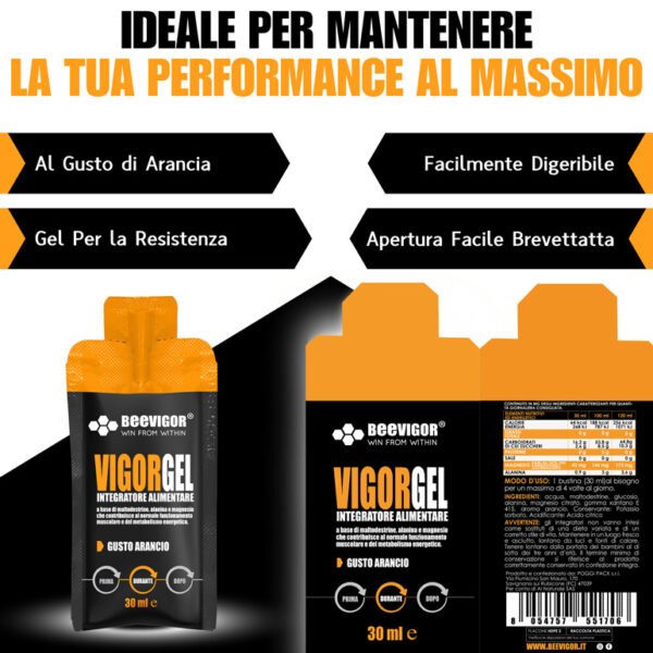 BEEVIGOR Gel gusto Arancio - confezione da 24 pz bustine Monodose da 30 ml - Integratore gel per Sport di Endurance con Maltodestrine, Alanina e Magnesio - Made in Italy - Supporta Metabolismo Energetico e Funzione Muscolare - immagine 3