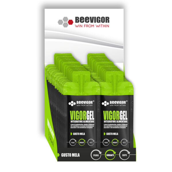 BEEVIGOR Gel gusto Mela - confezione da 24 pz bustine Monodose da 30 ml- Integratore gel per Sport di Endurance con Maltodestrine, Alanina e Magnesio - Made in Italy - Supporta Metabolismo Energetico e Funzione Muscolare