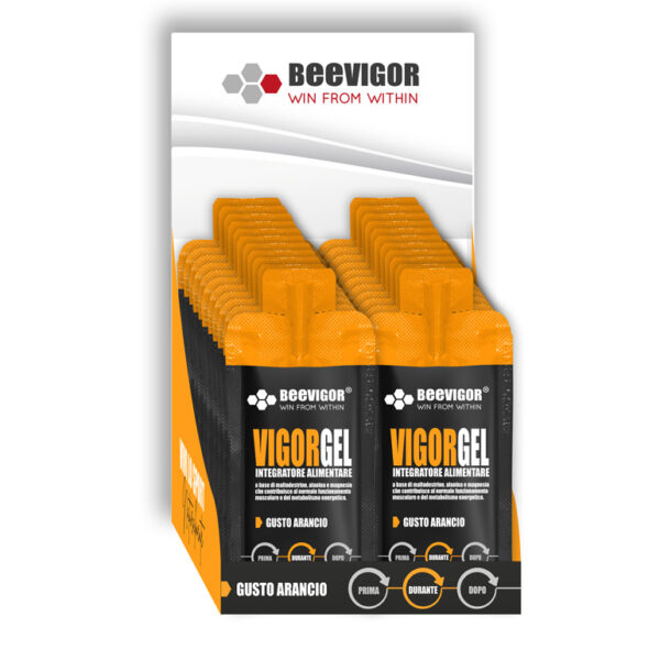 BEEVIGOR Gel gusto Arancio - confezione da 24 pz bustine Monodose da 30 ml - Integratore gel per Sport di Endurance con Maltodestrine, Alanina e Magnesio - Made in Italy - Supporta Metabolismo Energetico e Funzione Muscolare