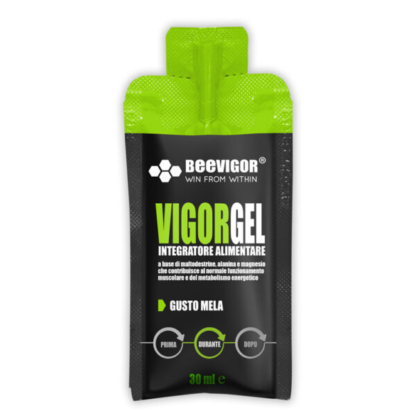 BEEVIGOR Gel gusto Mela - Bustina Monodose da 30 ml- Integratore gel per Sport di Endurance con Maltodestrine, Alanina e Magnesio - Made in Italy - Supporta Metabolismo Energetico e Funzione Muscolare